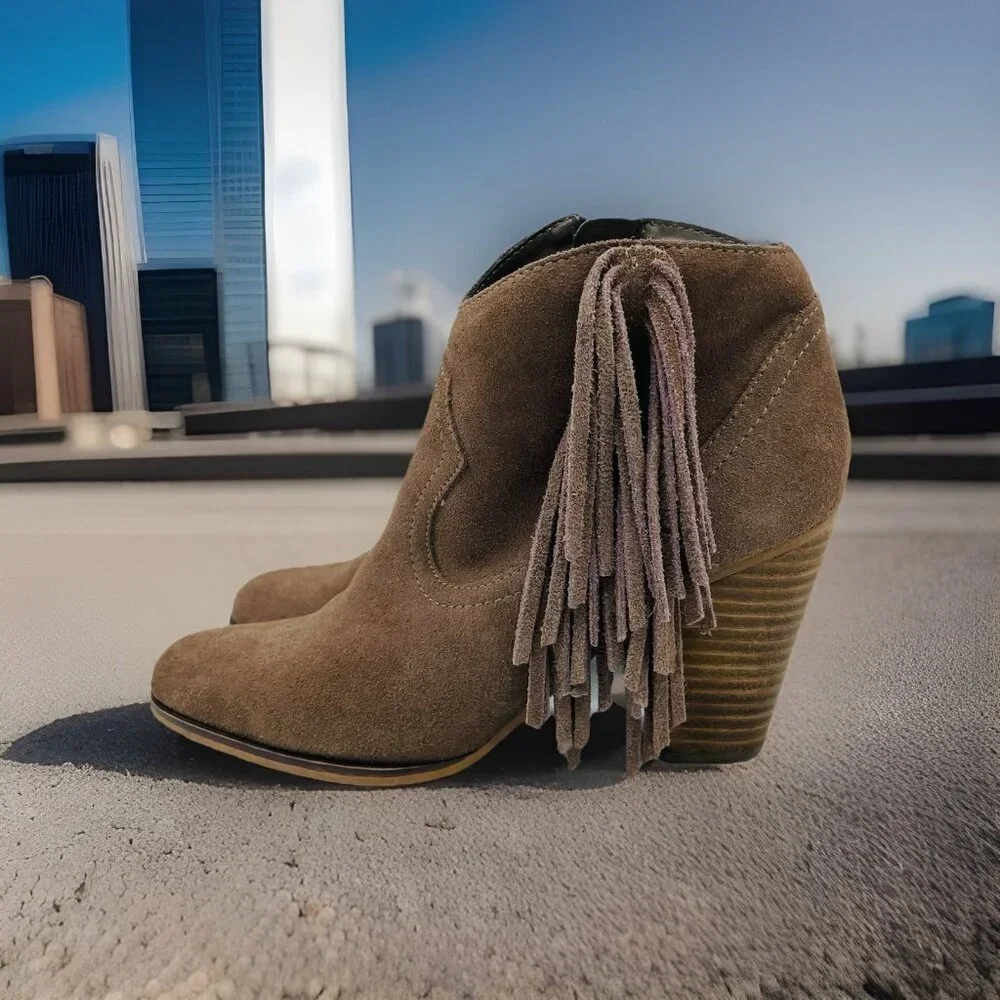 Steve Madden Shoes Womens 7.5 M Brown Suede Leather Cian Bootie Western Fringe
